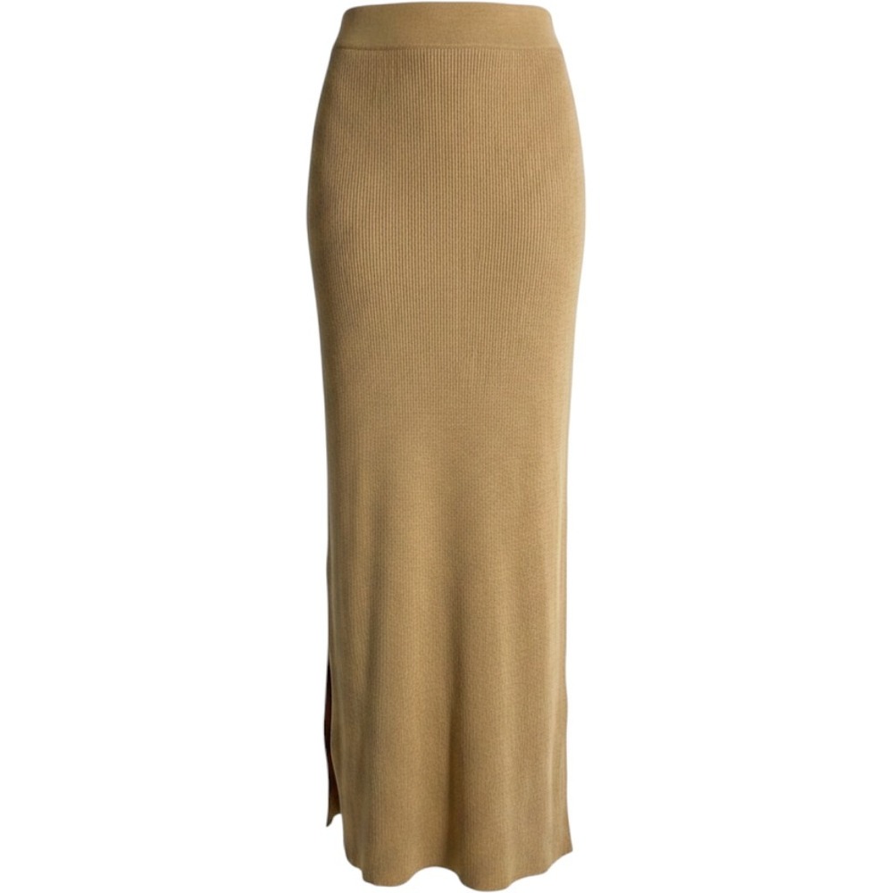 Free People Ribbed Midi Skirt Briwn Beige Side Slit NEW teacher fall basic skirt